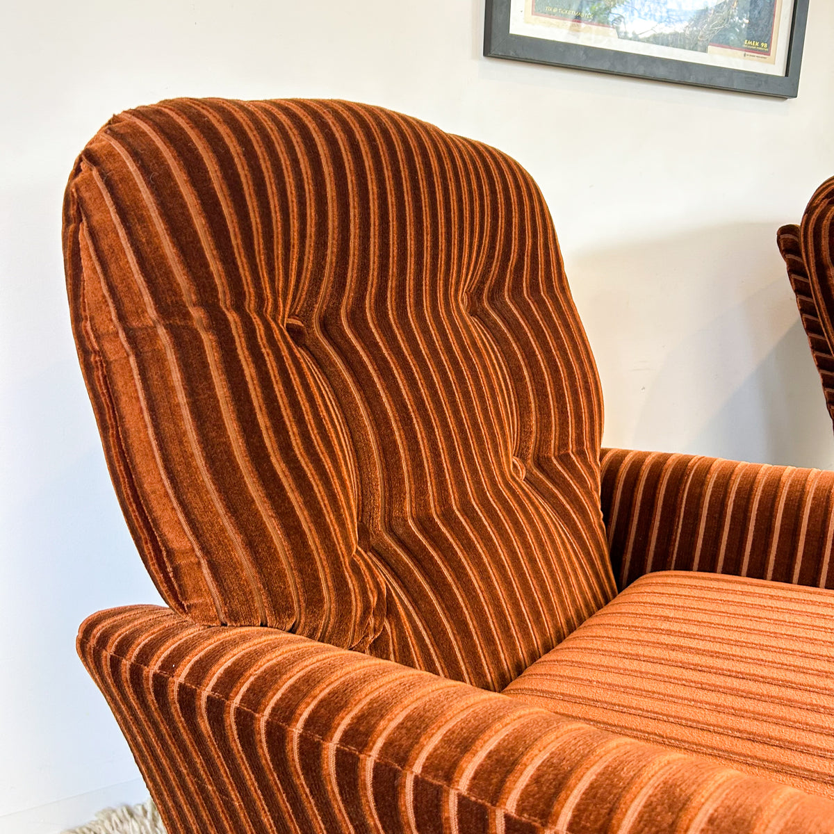 BROWN STRIPE VELOUR ARMCHAIRS - HEY JUDE WORKSHOP • Vintage furniture & objects Melbourne