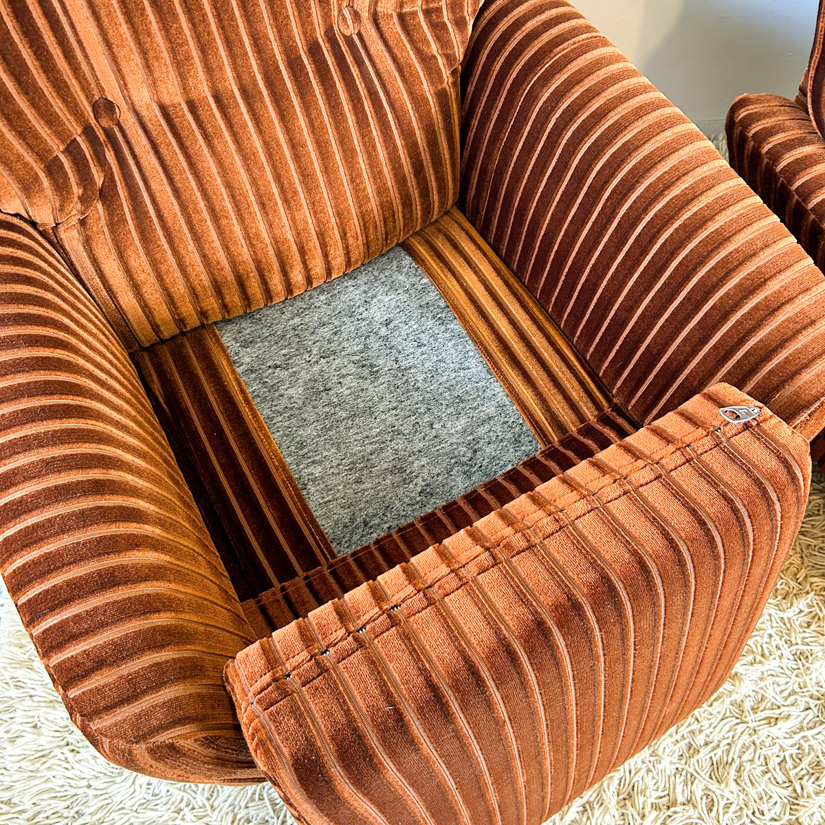 BROWN STRIPE VELOUR ARMCHAIRS - HEY JUDE WORKSHOP • Vintage furniture & objects Melbourne