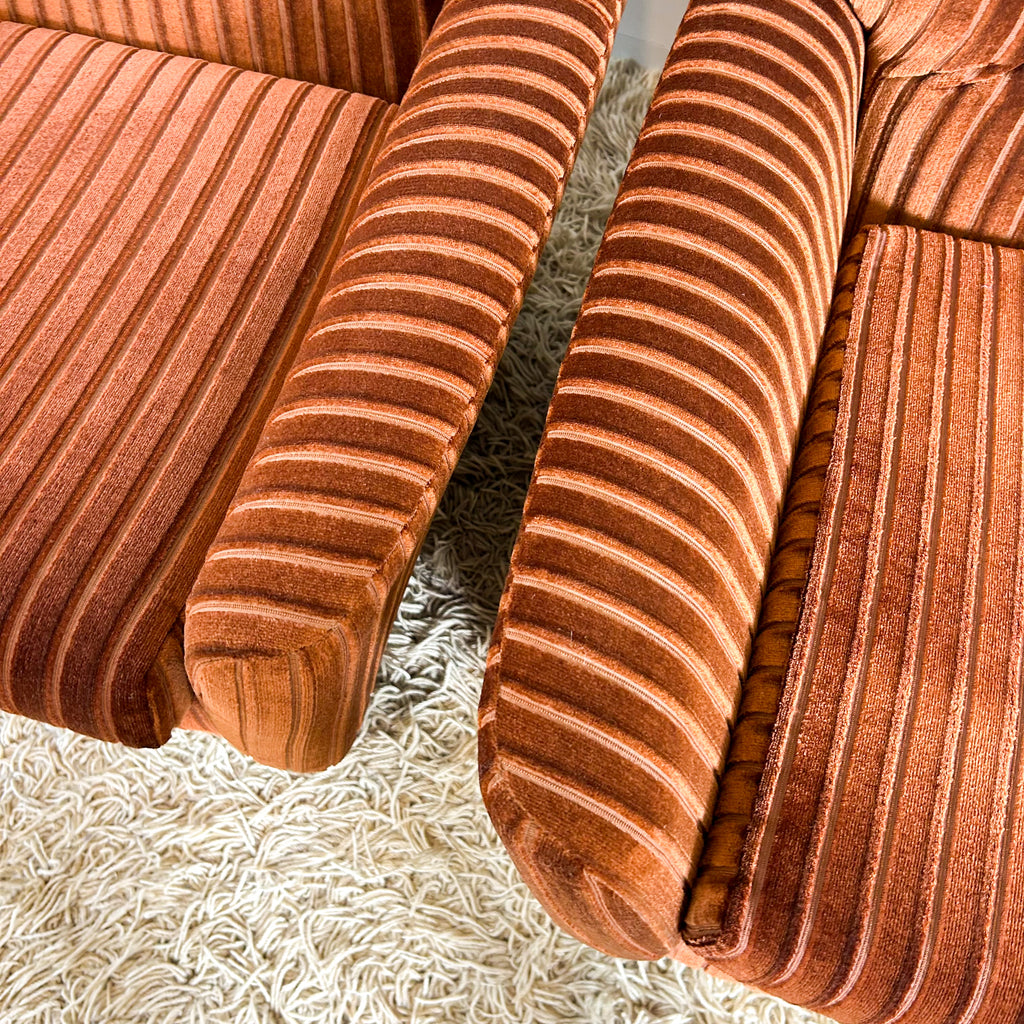 BROWN STRIPE VELOUR ARMCHAIRS - HEY JUDE WORKSHOP • Vintage furniture & objects Melbourne