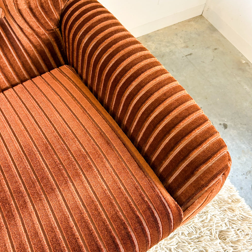 BROWN STRIPE VELOUR ARMCHAIRS - HEY JUDE WORKSHOP • Vintage furniture & objects Melbourne