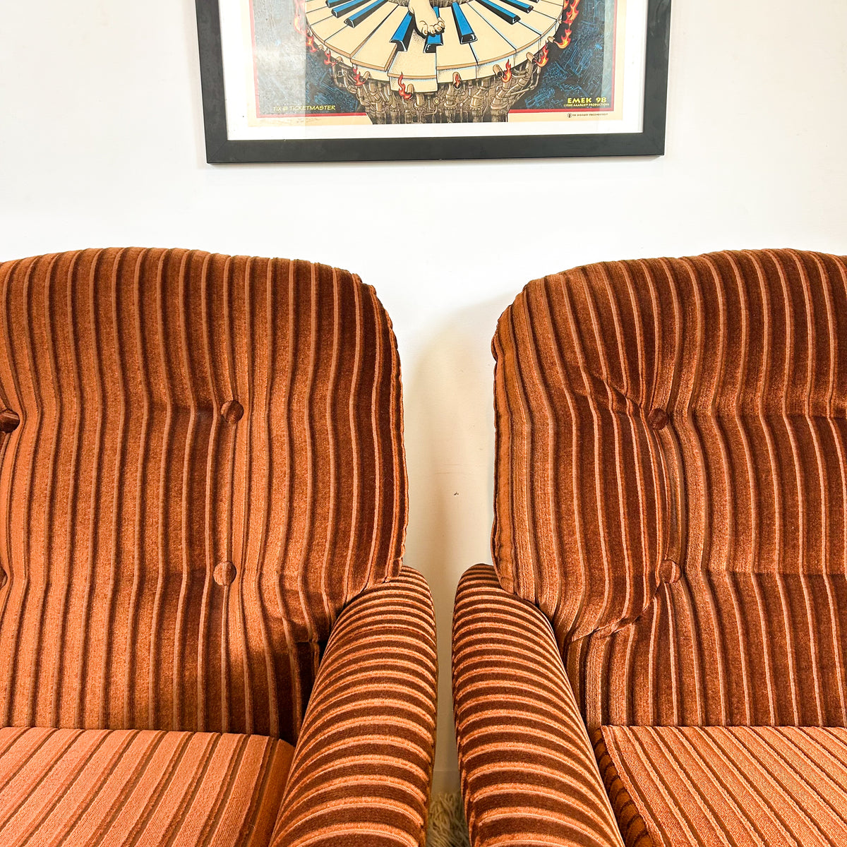 BROWN STRIPE VELOUR ARMCHAIRS - HEY JUDE WORKSHOP • Vintage furniture & objects Melbourne