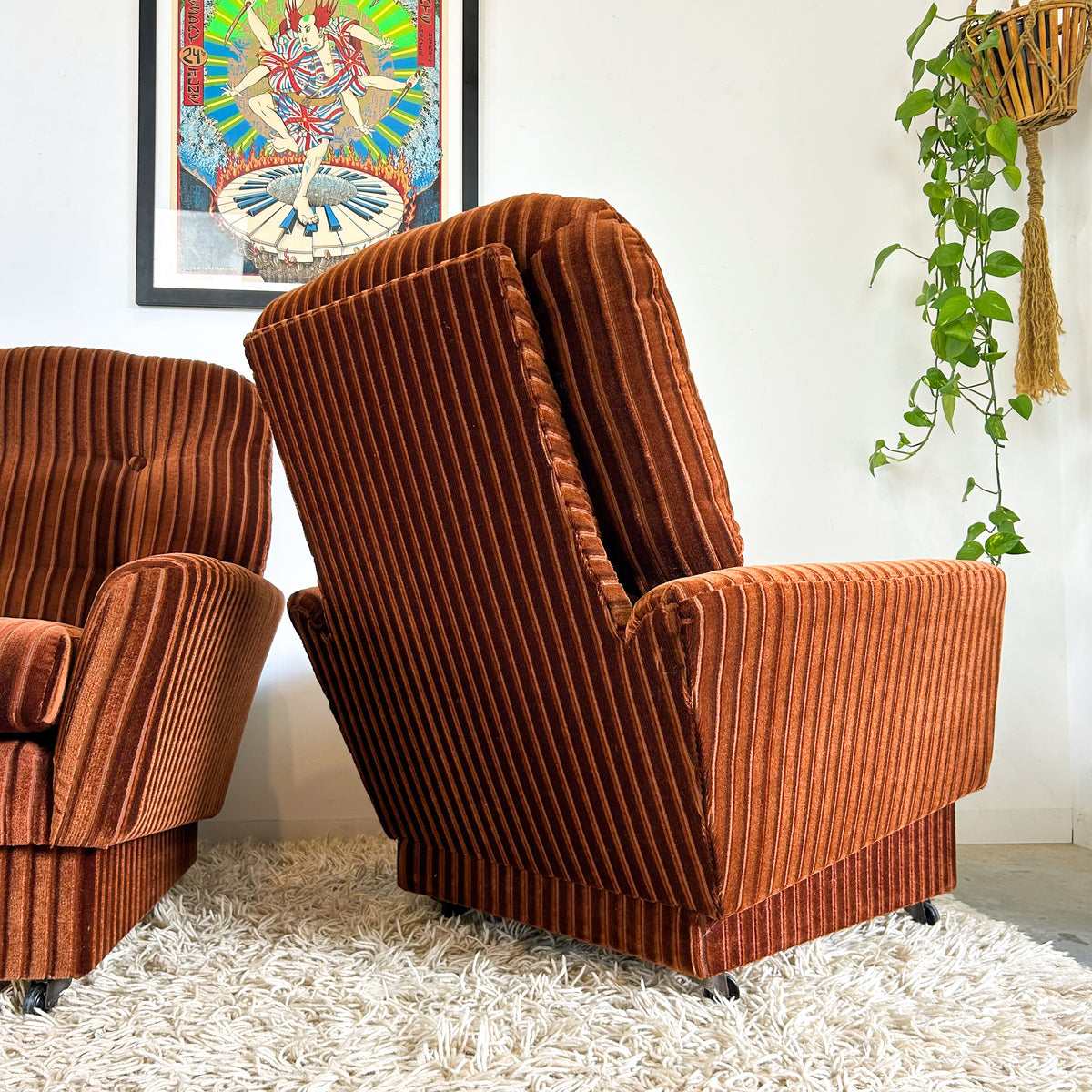BROWN STRIPE VELOUR ARMCHAIRS - HEY JUDE WORKSHOP • Vintage furniture & objects Melbourne