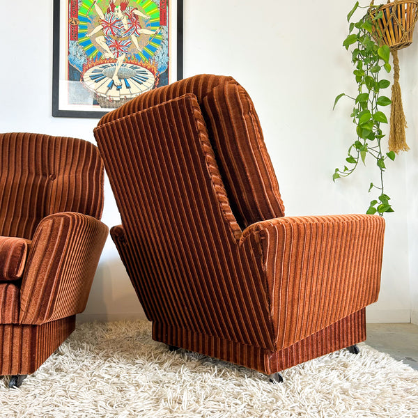 BROWN STRIPE VELOUR ARMCHAIRS - HEY JUDE WORKSHOP • Vintage furniture & objects Melbourne