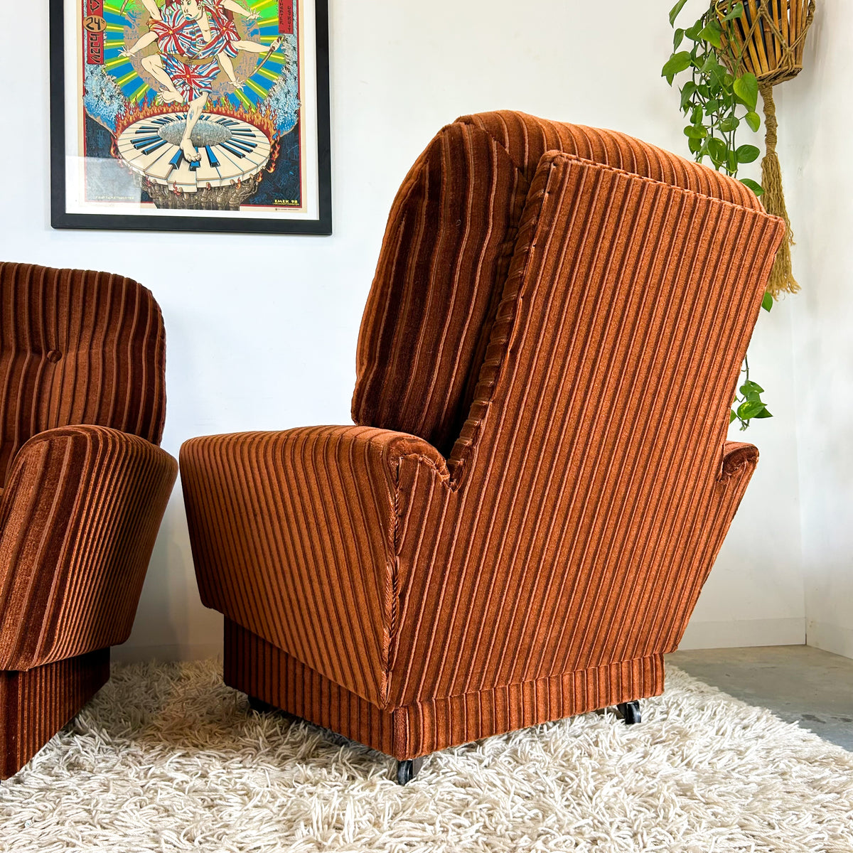 BROWN STRIPE VELOUR ARMCHAIRS - HEY JUDE WORKSHOP • Vintage furniture & objects Melbourne
