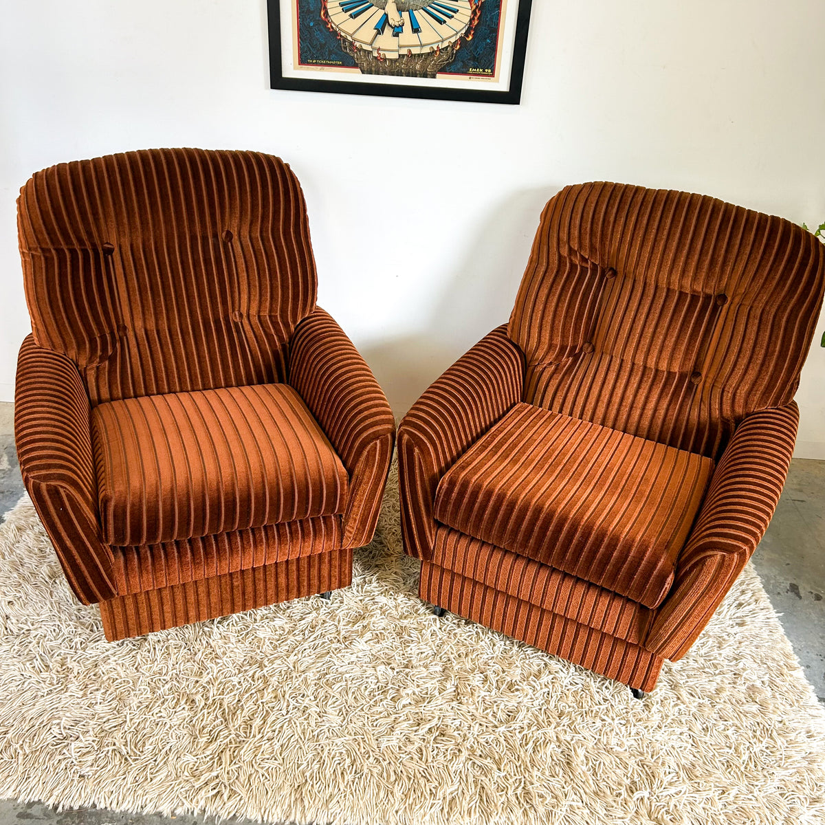 BROWN STRIPE VELOUR ARMCHAIRS - HEY JUDE WORKSHOP • Vintage furniture & objects Melbourne