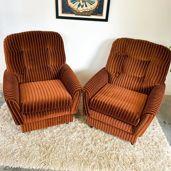 BROWN STRIPE VELOUR ARMCHAIRS - HEY JUDE WORKSHOP • Vintage furniture & objects Melbourne