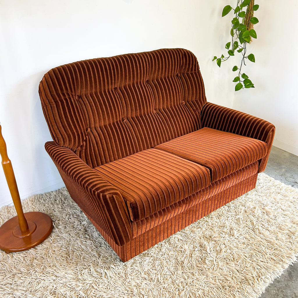 BROWN STRIPE VELOUR SOFA #1 - HEY JUDE WORKSHOP • Vintage furniture & objects Melbourne