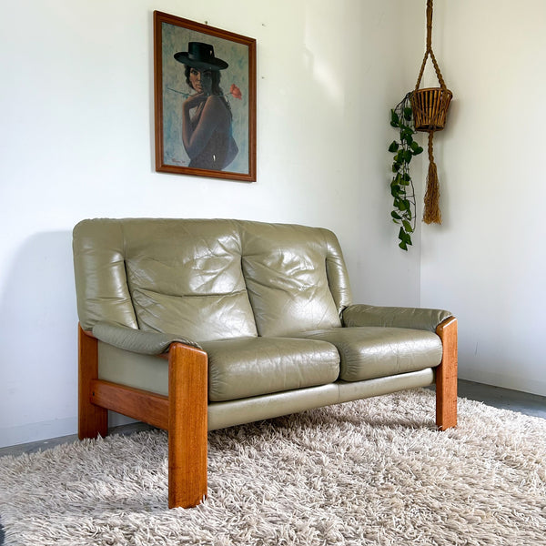 PARKER SAGE GREEN LEATHER TWO-SEATER SOFA