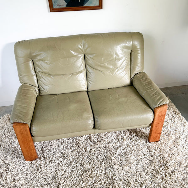 PARKER SAGE GREEN LEATHER TWO-SEATER SOFA