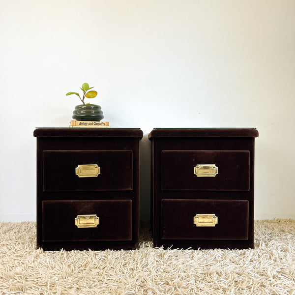 BROWN VELOUR BEDSIDE DRAWERS - HEY JUDE WORKSHOP • Vintage furniture & objects Melbourne
