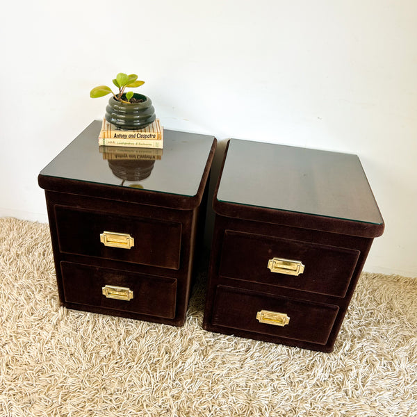 BROWN VELOUR BEDSIDE DRAWERS - HEY JUDE WORKSHOP • Vintage furniture & objects Melbourne