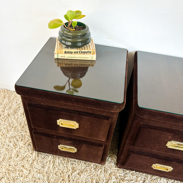 BROWN VELOUR BEDSIDE DRAWERS - HEY JUDE WORKSHOP • Vintage furniture & objects Melbourne