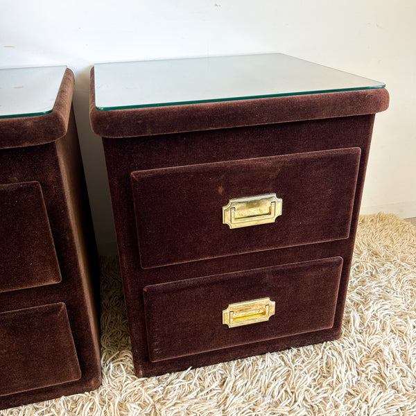 BROWN VELOUR BEDSIDE DRAWERS - HEY JUDE WORKSHOP • Vintage furniture & objects Melbourne