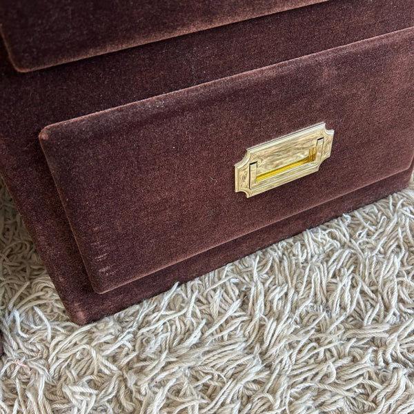 BROWN VELOUR BEDSIDE DRAWERS - HEY JUDE WORKSHOP • Vintage furniture & objects Melbourne