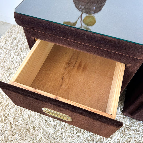BROWN VELOUR BEDSIDE DRAWERS - HEY JUDE WORKSHOP • Vintage furniture & objects Melbourne