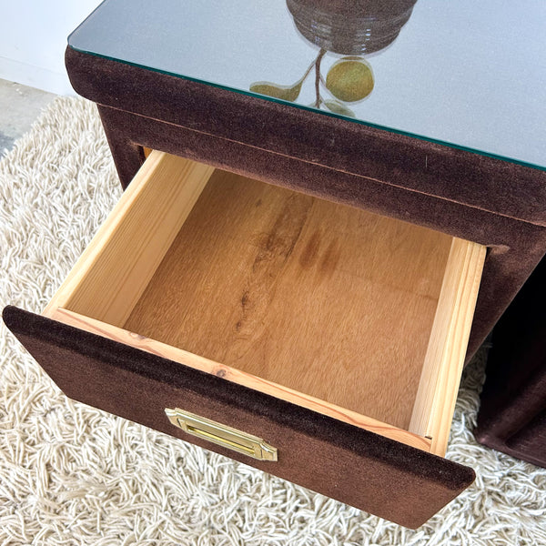 BROWN VELOUR BEDSIDE DRAWERS - HEY JUDE WORKSHOP • Vintage furniture & objects Melbourne