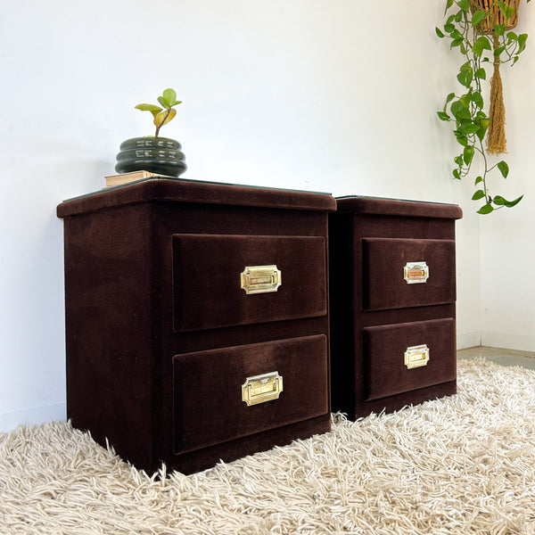 BROWN VELOUR BEDSIDE DRAWERS - HEY JUDE WORKSHOP • Vintage furniture & objects Melbourne