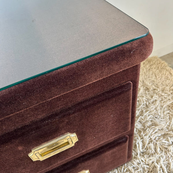 BROWN VELOUR BEDSIDE DRAWERS - HEY JUDE WORKSHOP • Vintage furniture & objects Melbourne