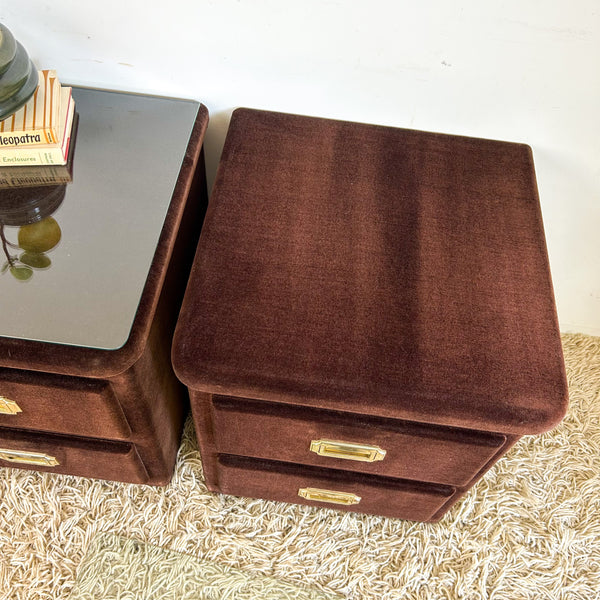 BROWN VELOUR BEDSIDE DRAWERS - HEY JUDE WORKSHOP • Vintage furniture & objects Melbourne