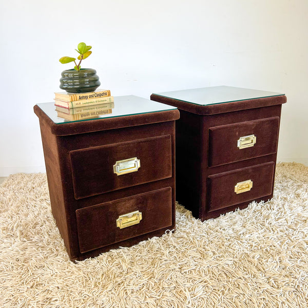 BROWN VELOUR BEDSIDE DRAWERS - HEY JUDE WORKSHOP • Vintage furniture & objects Melbourne