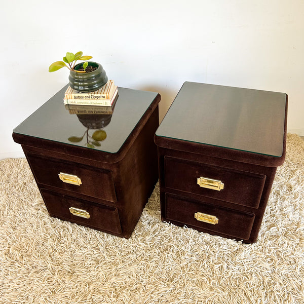 BROWN VELOUR BEDSIDE DRAWERS - HEY JUDE WORKSHOP • Vintage furniture & objects Melbourne
