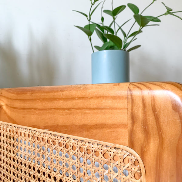 PINE & RATTAN BEDSIDE TABLE - HEY JUDE WORKSHOP • Vintage furniture & wares.